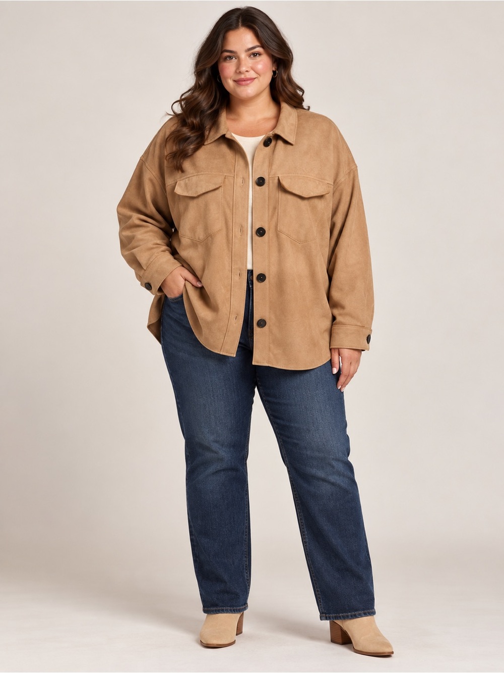 Philosophy Tan Suede-Look Button Front Overshirt Size 2XL